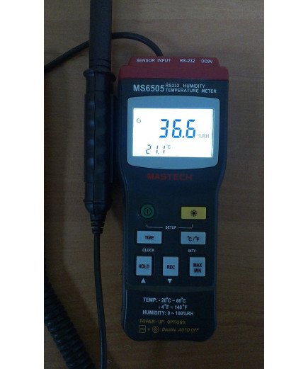 Цифровий термо-гігрометр Mastech MS6505 (Temp: від -20 °C до +60 °C; RH: 0-100%) з виносним датчиком, ЗА
