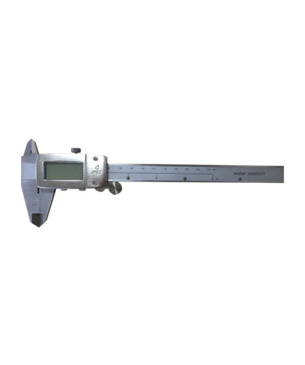 Штангенциркуль електронний KM-DSKW-150 (0-150/0,01 мм; ±0.03 мм) з бігунком, IP67, металевий корпус