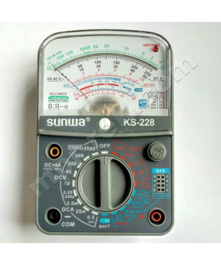 Мультиметр аналоговий SUNWA KS-228 (1000В, DC5A, 2МОм, hFE, продзвонювання,тест батарей)