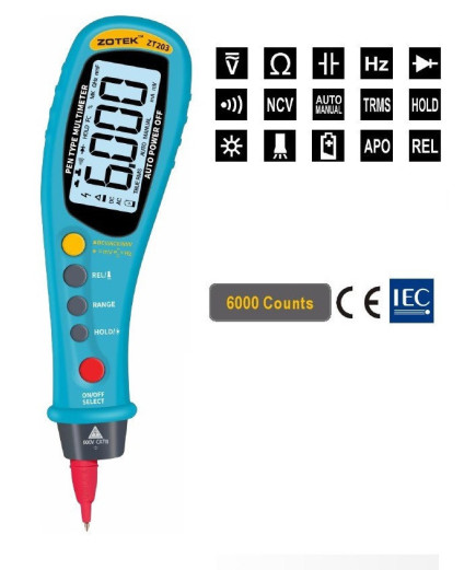Мультиметр ZOTEK ZT203 (напруга, опір, ємність, частота, тестування діодів, продзвонювання, NCV)