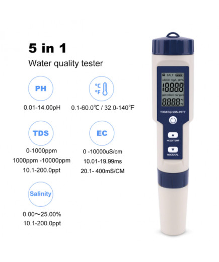 Комбінований вологозахищений TDS/рН/ЄС/Salinity/Temp метр EZ9909 з термометром, змінним електродом, АТС