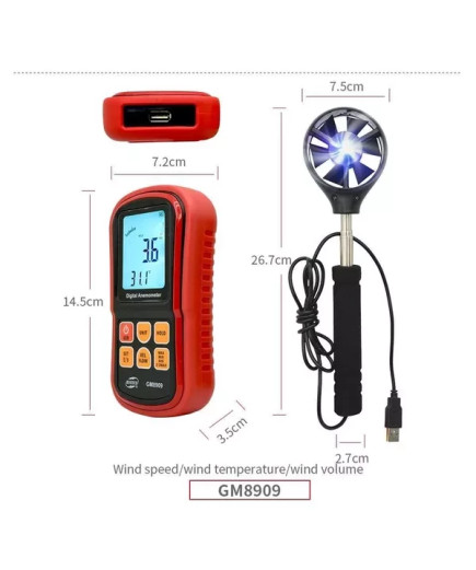 Анемометр Benetech GM8909 (0.3-45m/s; 0-45ºC; 0-999900m3/min) з телескопічною ручкою