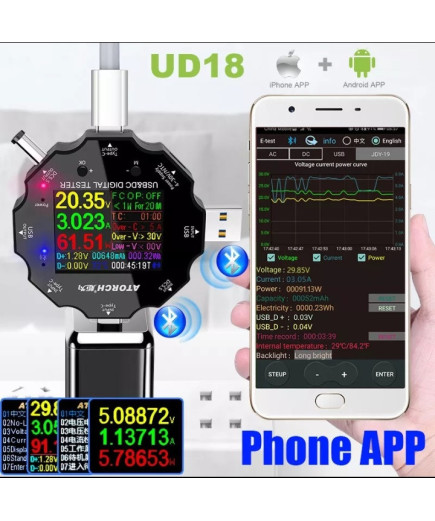 USB Тестер ATORCH UD18 — 18 в 1 (DC: 3,6V-32V, I: 0-5,1A, 0-99999Ah, 0-99999Wh) з Bluetooth (Android та iOS)
