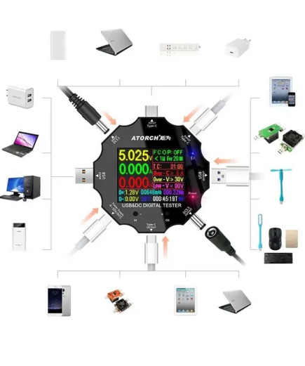 USB Тестер ATORCH UD18 — 18 в 1 (DC: 3,6V-32V, I: 0-5,1A, 0-99999Ah, 0-99999Wh) з Bluetooth (Android та iOS)