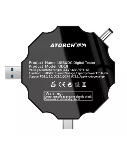USB Тестер ATORCH UD18 — 18 в 1 (DC: 3,6V-32V, I: 0-5,1A, 0-99999Ah, 0-99999Wh) з Bluetooth (Android та iOS)