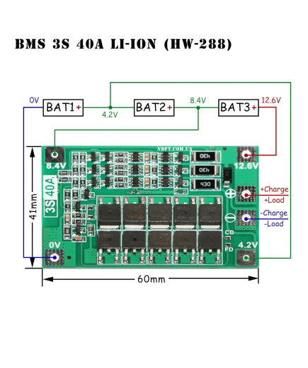 Плата захисту BMS 3S 40A 11,1V (12,6V) для Li-Ion акумуляторів (контролер заряду/розряджання) з балансуванням