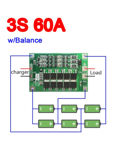 Плата захисту BMS 3S 60A 11,1V (12,6V) для Li-Ion акумуляторів (контролер заряду/розряджання) з балансуванням
