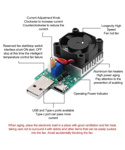 USB навантаження LX-EL01 (0,15-3,00А; 22.5 Вт; 3,7-13В) з кулером і радіатором