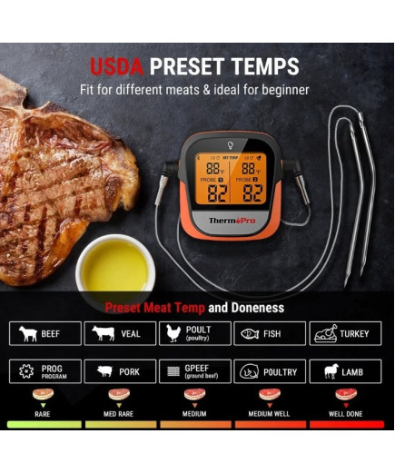 Термометр кулінарний для м'яса, духовки ThermoPro TP-902 з Bluetooth 5.0 (100 м) на 2 щупи