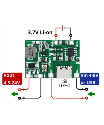 Модуль заряду Li-Ion АКБ з DC/DC step-up перетворювачем J5019 (Micro-USB)