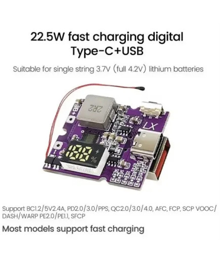 Плата заряджання Type-C + USB з дисплеєм, 22.5 Вт, для Li-ion АКБ 3.7 В (4.2 В), підтримка QC, PD, FCP, SCP